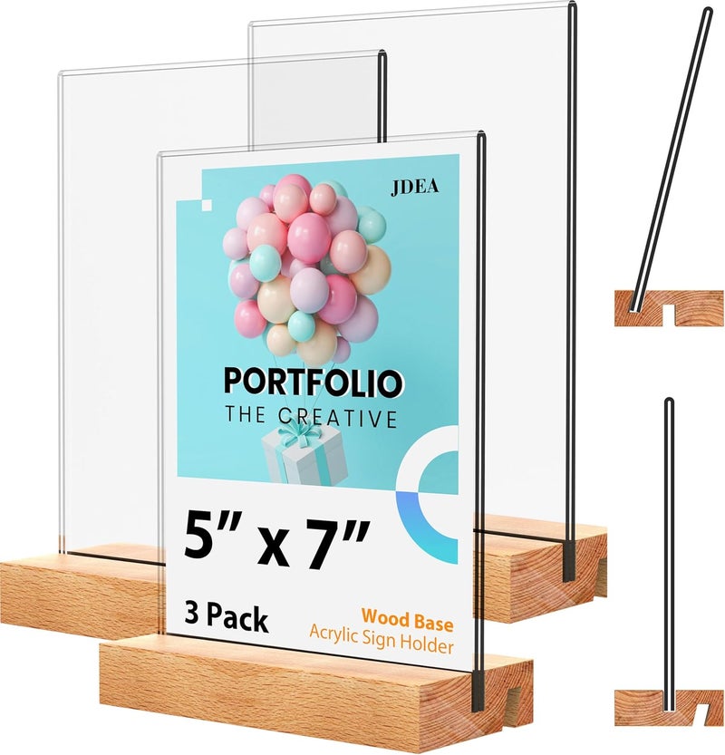 JDEA 5x7 Inch Acrylic Sign Holder with Wood Base Vertical and Slant Displays(3 Pack 5*7") - Image 1
